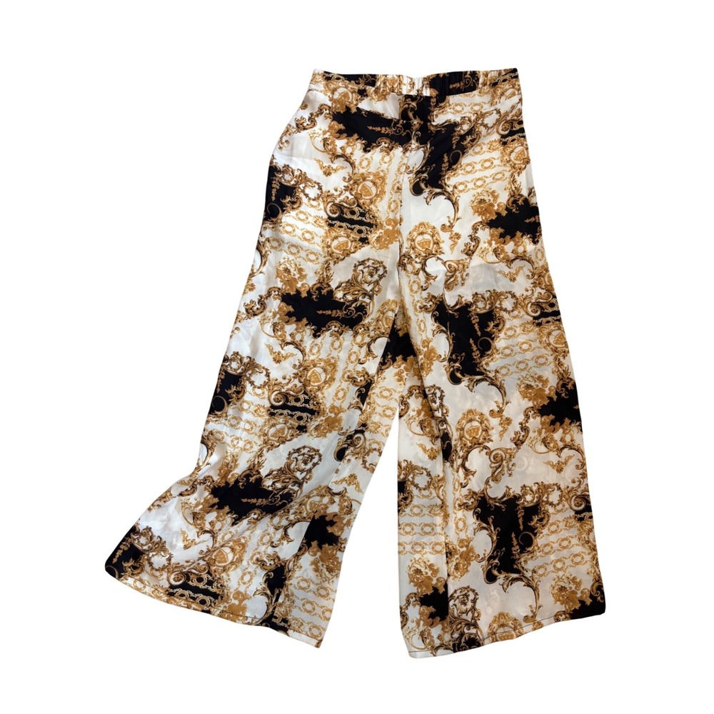 TIMING Wide Leg Pants Womens Size M White Gold‎ Black Baroque Scroll Print NEW